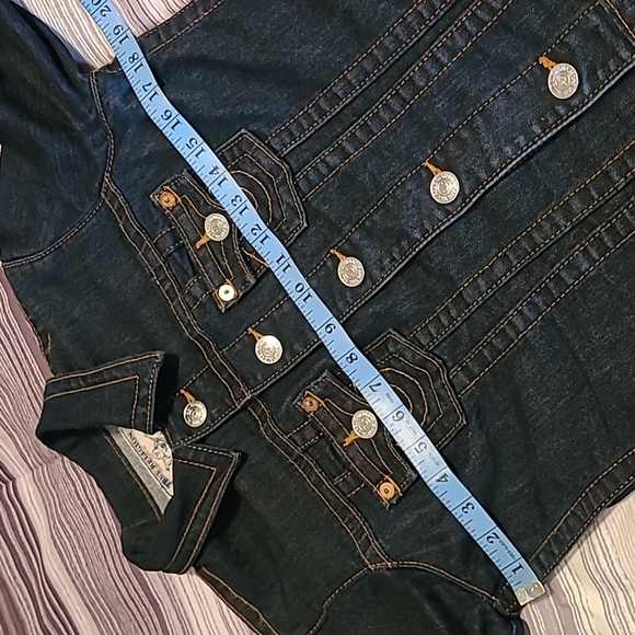 True Religion Mens Medium Dark Blue Denim World Tour Trucker Jacket Streetwear - Picture 12 of 16